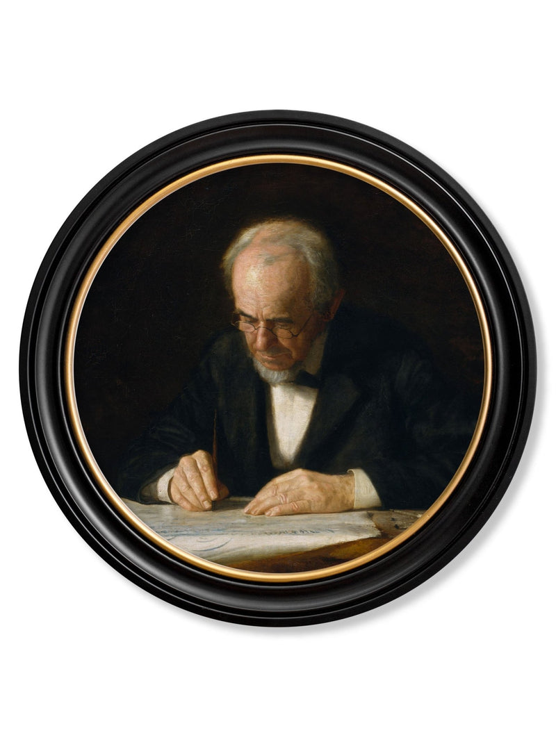 Quality Glass Fronted Framed Print, c.1882 The Writing Master - Thomas Eakins - Round Frame Framed Wall Art PictureVintage Frog T/AFramed Print