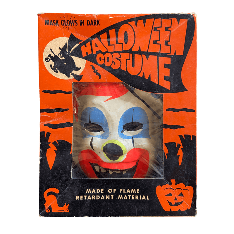 Rare 1960's Vintage Halloween Glow in the Dark Clown Mask & Costume from Spook Town by Ben Cooper, New York Size Large (12 - 14)Vintage FrogHalloween Dress Up