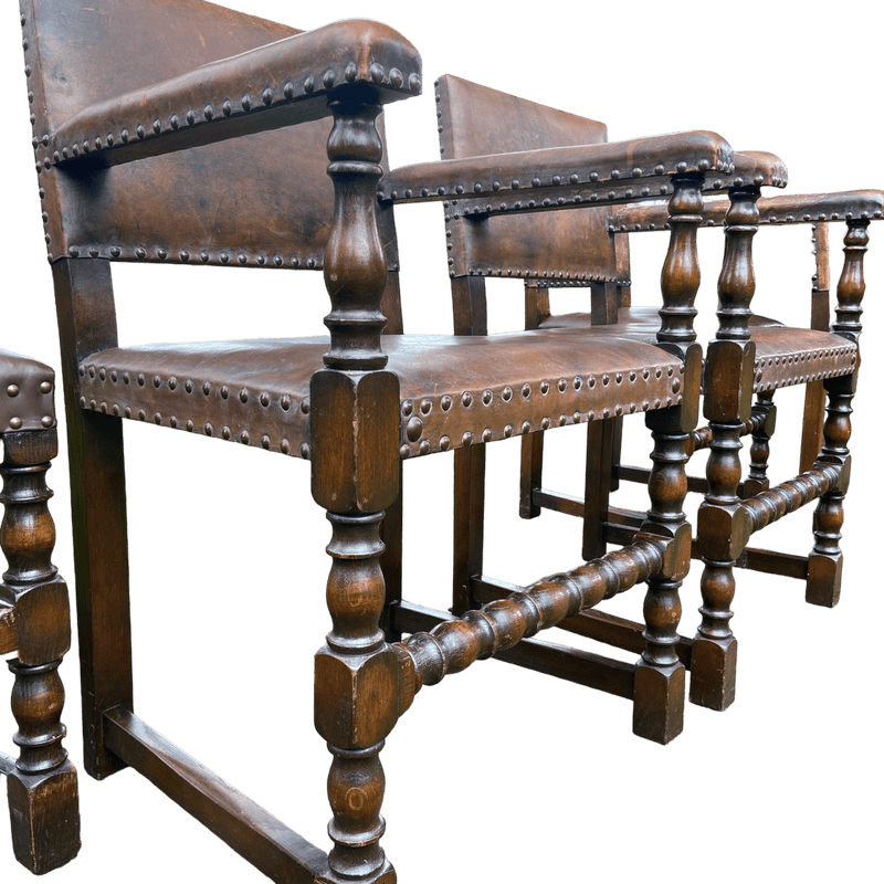 Set of 6 Jacobean Style Gothic Oak and Leather Dining ChairsVintage Frog