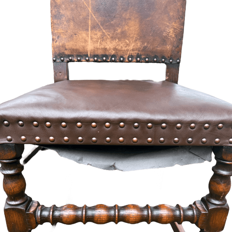 Set of 6 Jacobean Style Gothic Oak and Leather Dining ChairsVintage Frog