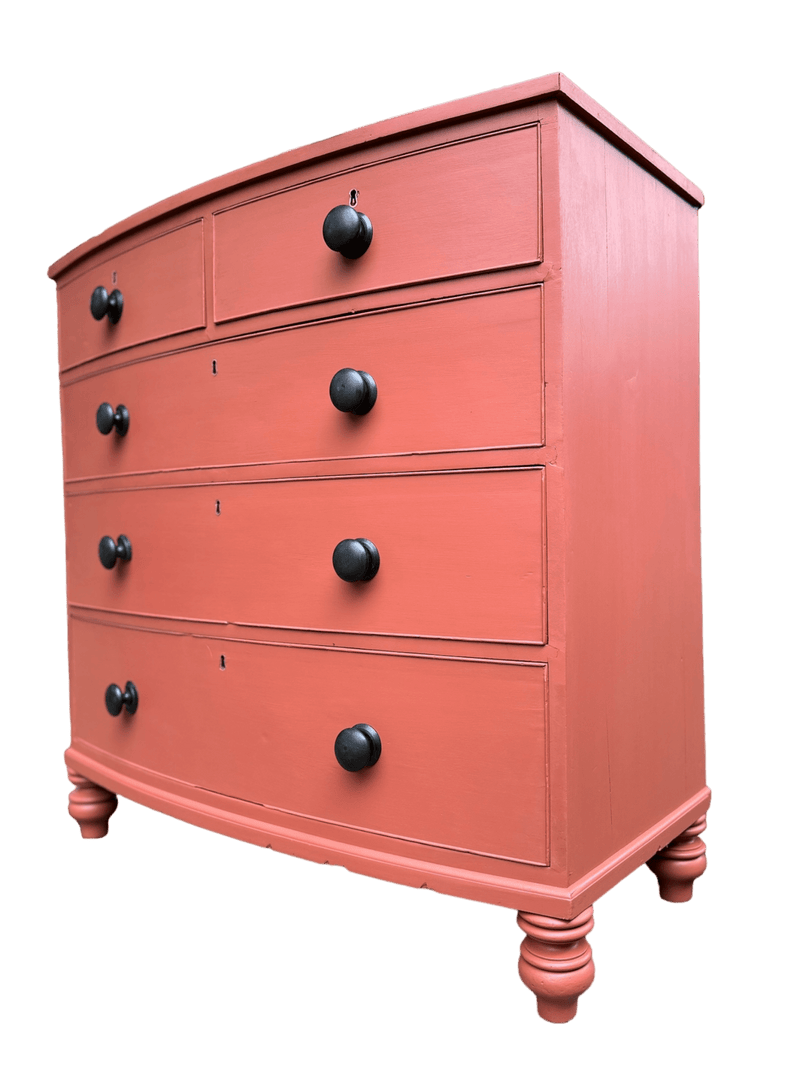 Two Over Three Victorian Bow Fronted Chest Of Draws With Black Handles, Painted in Small & Co Furniture Paints in Potters Wheel.Vintage Frog