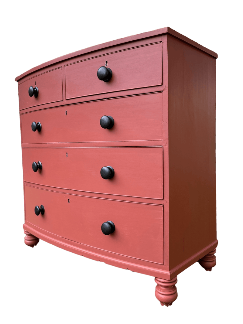 Two Over Three Victorian Bow Fronted Chest Of Draws With Black Handles, Painted in Small & Co Furniture Paints in Potters Wheel.Vintage Frog