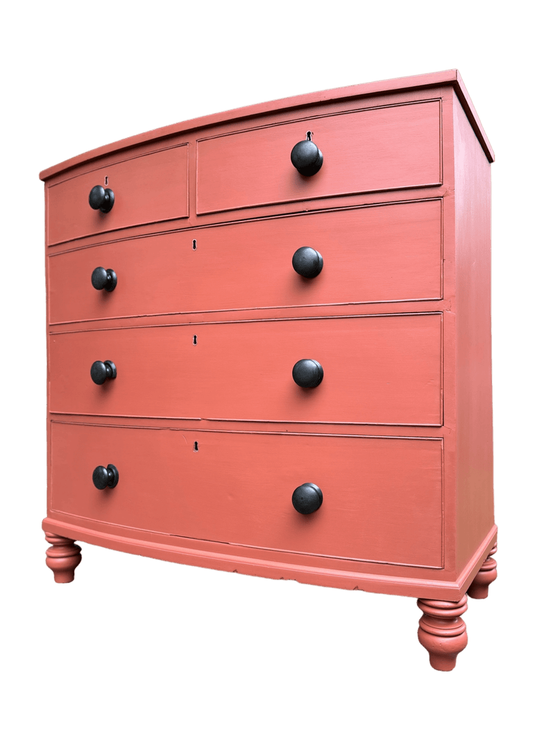 Two Over Three Victorian Bow Fronted Chest Of Draws With Black Handles, Painted in Small & Co Furniture Paints in Potters Wheel.Vintage Frog