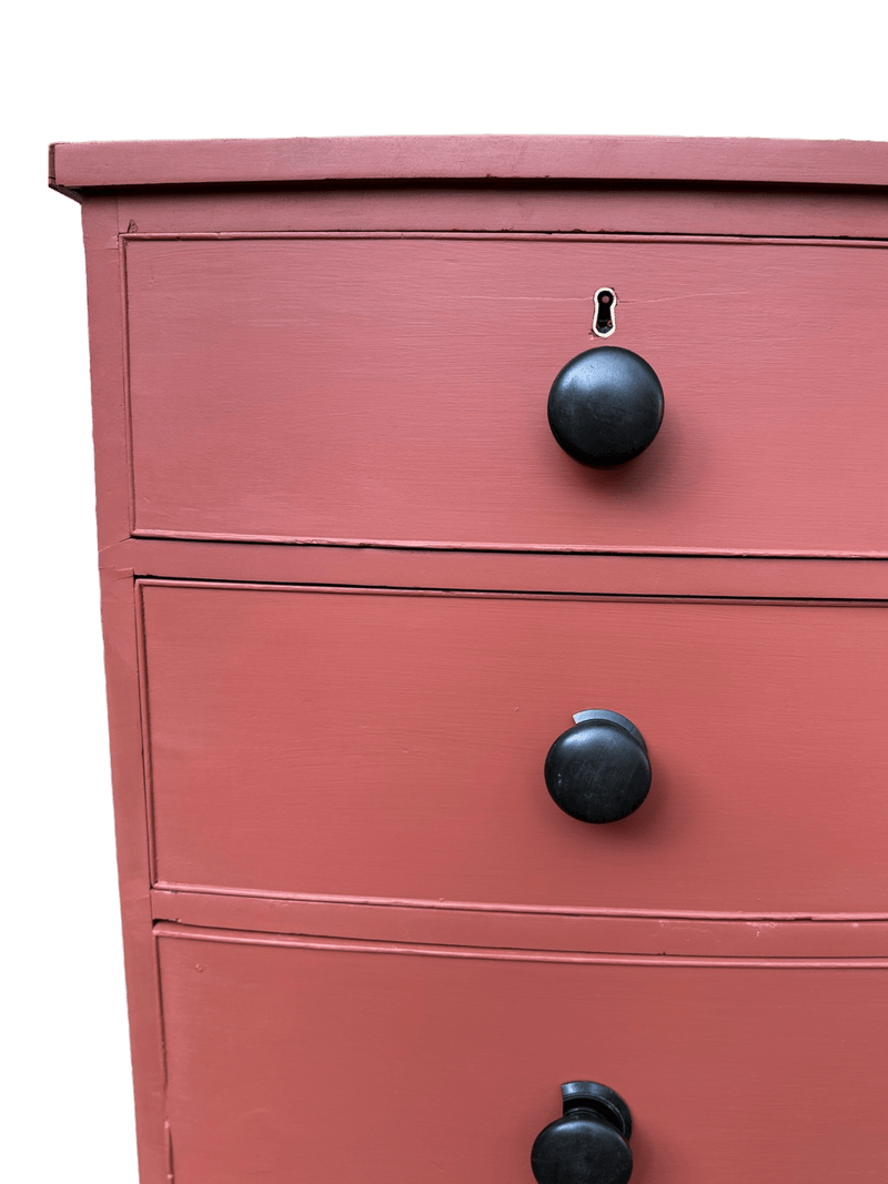 Two Over Three Victorian Bow Fronted Chest Of Draws With Black Handles, Painted in Small & Co Furniture Paints in Potters Wheel.Vintage Frog