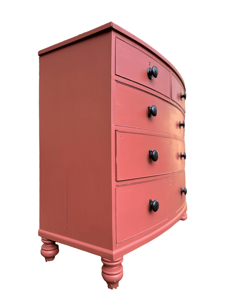 Two Over Three Victorian Bow Fronted Chest Of Draws With Black Handles, Painted in Small & Co Furniture Paints in Potters Wheel.Vintage Frog