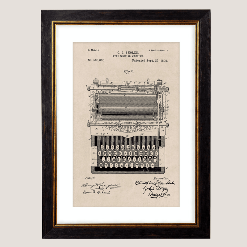 Victorian Typewriter Patent Design, Print of Vintage Typewriter Blueprint - 1900s Artwork Print. Framed Wall Art PictureVintage Frog T/APictures & Prints