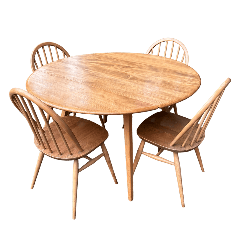 Vintage Ercol Drop - Leaf Dining Table and Chairs Set – Mid - Century Elm and BeechVintage Frog