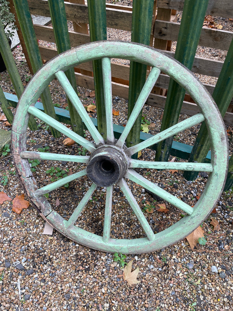 Green Painted Antique Weathered Wooden Cart Wheel  Garden Decor