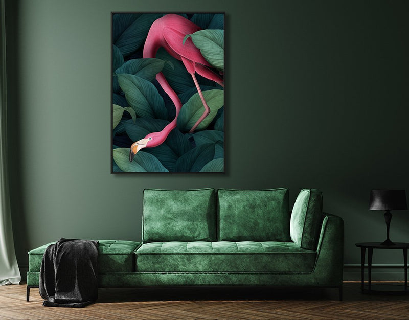 American Flamingo Jungle Illustration Print On Canvas, Wall Hanging Decor Picture.Vintage FrogPictures & Prints