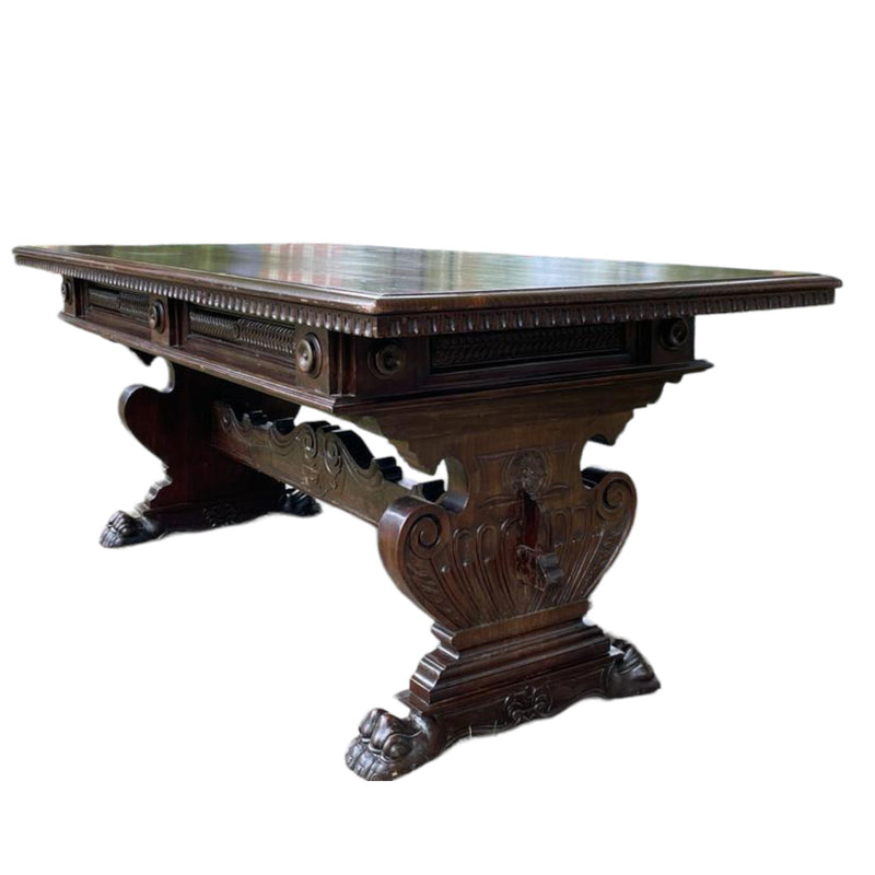 Antique Carved Walnut Italian Renaissance Revival Table / Writing DeskVintage Frog