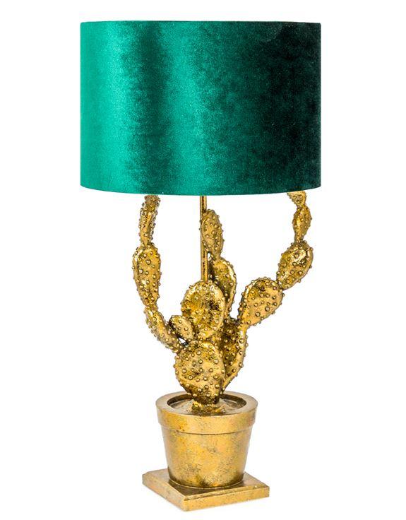 Antique Gold Effect Potted Cactus Lamp with Green Velvet ShadeVintage FrogLighting