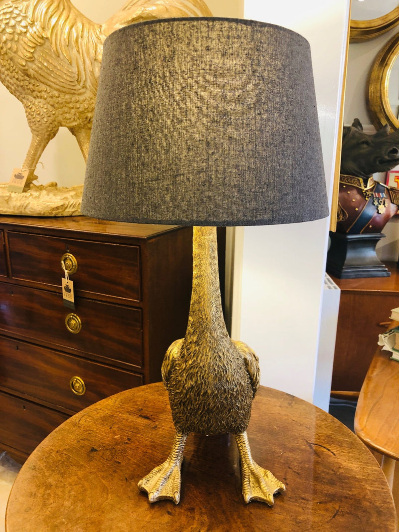 Antique Gold Goose Table Lamp With Grey ShadeVintage FrogLighting