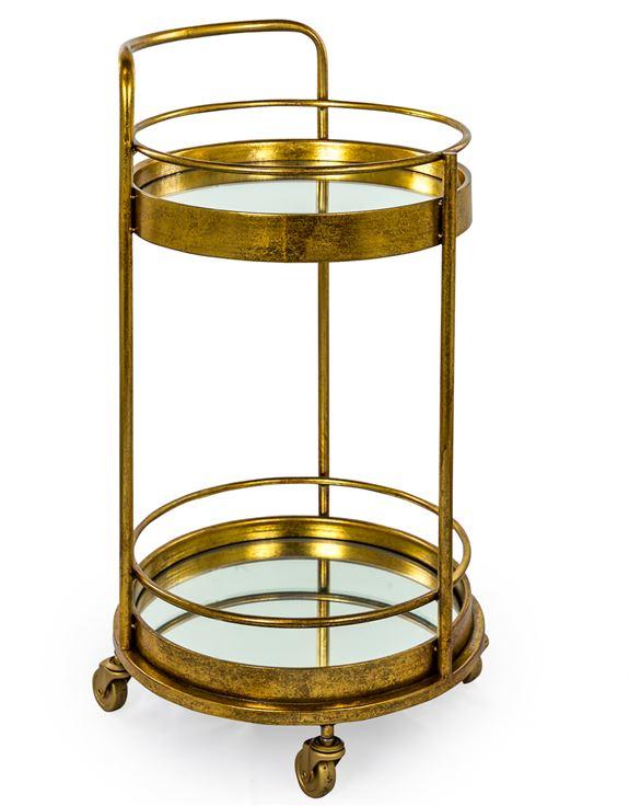 Antique Style Gold Leaf Metal Small Round Bar Drinks Trolley with Mirror ShelvesVintage FrogDrinks Trolley