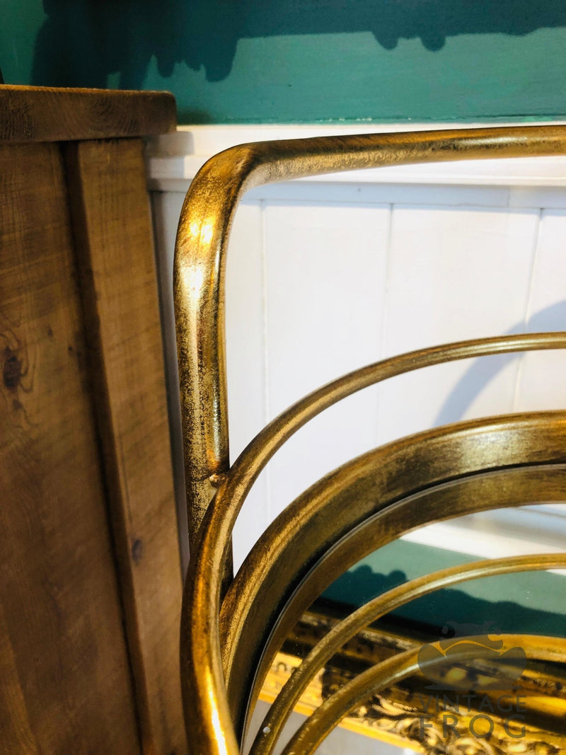 Antique Style Gold Leaf Metal Small Round Bar Drinks Trolley with Mirror ShelvesVintage FrogDrinks Trolley