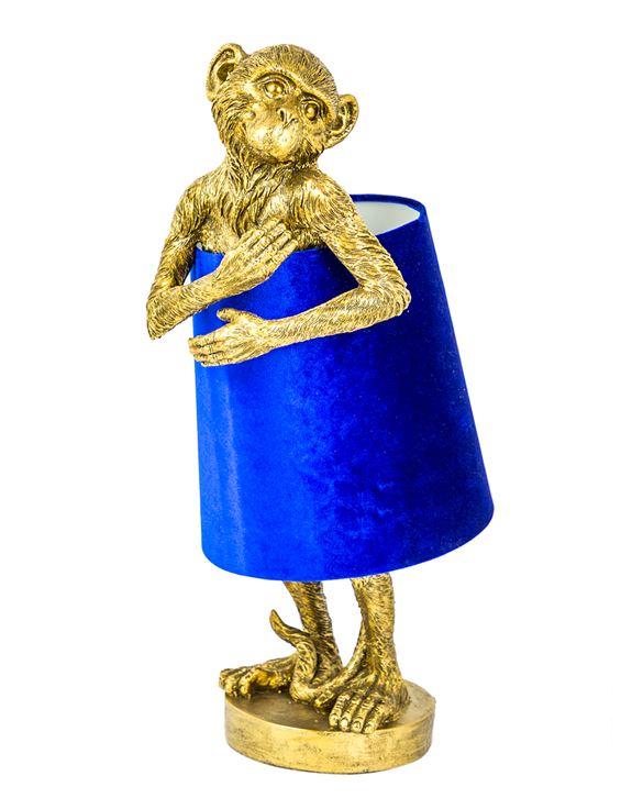 Antique Style Gold Monkey Lamp Clutching Blue Velvet Shade.Vintage FrogLighting