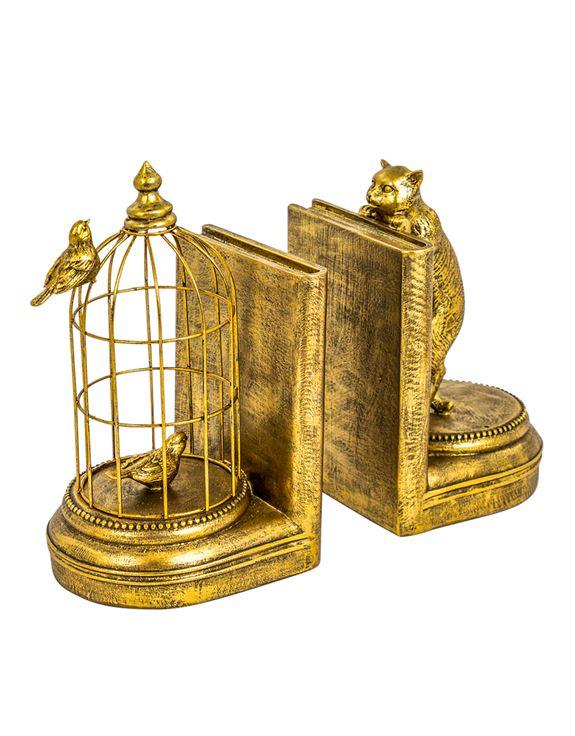 Antique Style Gold Pair of Bookends With Cat and BirdsVintage FrogBrand New