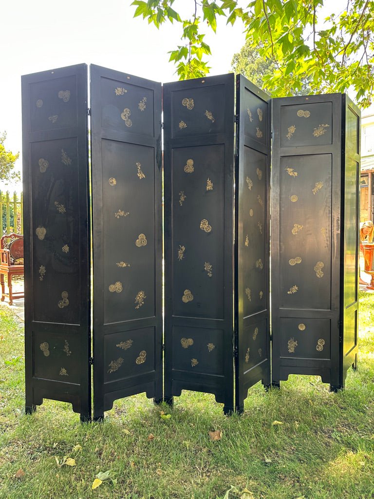 Chinese Black Lacquered Six Fold Room Dividing Tall Screen With Soapstone and Hand Painted DetailsVintage FrogFurniture
