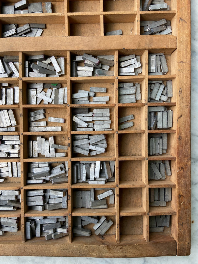 Collection of Small Metal Letterpress Letters in Vintage Printers TrayVintage Frog