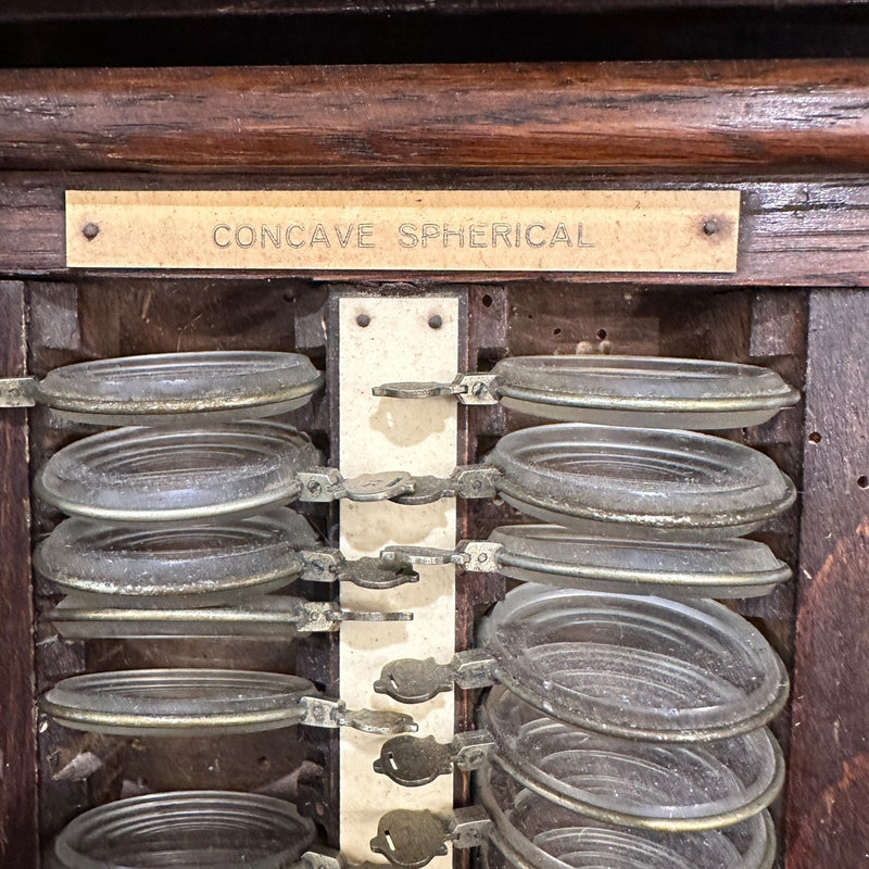 Early 20th Century Optician or Optometrist Test Glasses Lens Kit in Cabinet With Tambour ShutterVintage Frog