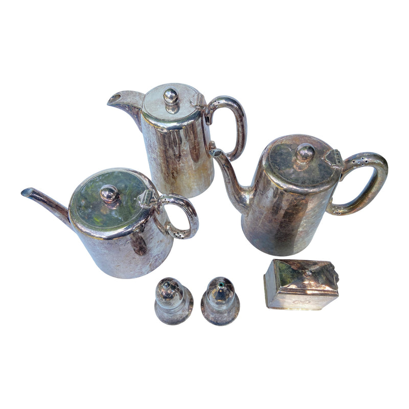 Early 20th Century, Silver Plated Walker & Hall Tea and Coffee Serving Set With Salt and Pepper ShakersVintage Frog