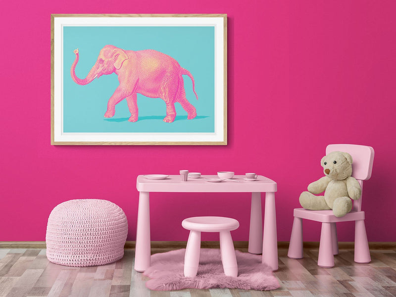 Elephant Pink Pop Art Illustration Print On Canvas, Wall Hanging Decor Picture.Vintage FrogPictures & Prints