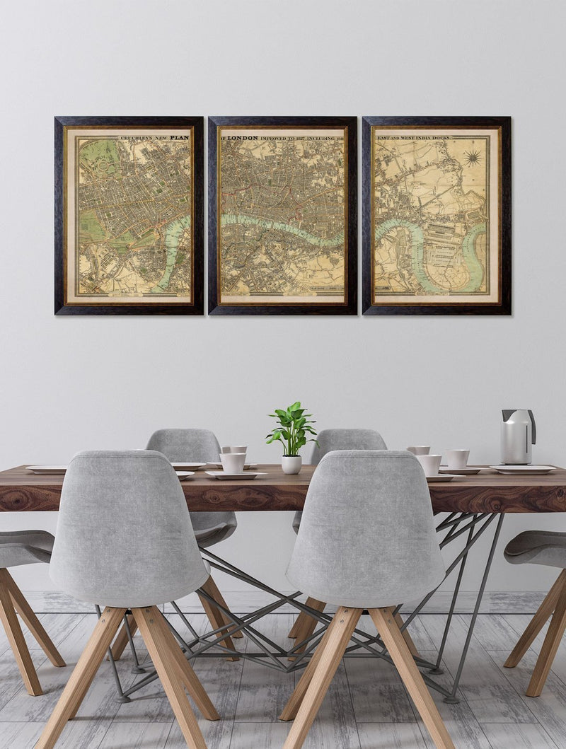 Framed London Triptych Map Print - Referenced From An Original 1800s MapVintage FrogPictures & Prints