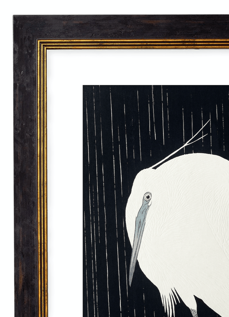 Japanese White Bird in The Rain, Print of Vintage Illustrated Japanese Bird- 1900s Artwork Print. Framed Wall Art PictureVintage Frog T/APictures & Prints