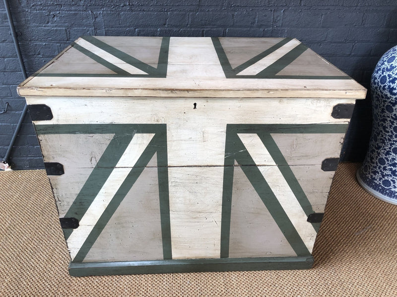 Large Blanket Chest Storage Trunk With Union Jack Style Pattern To Top And FrontVintage FrogVintage Item