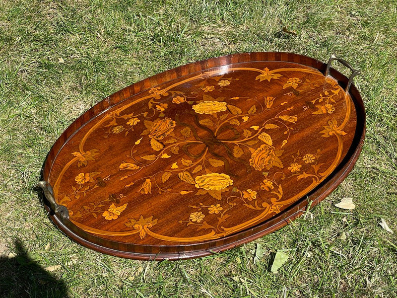Late Victorian Serving Tray With Inlaid Marquetry Design (Bowed)Vintage FrogFurniture