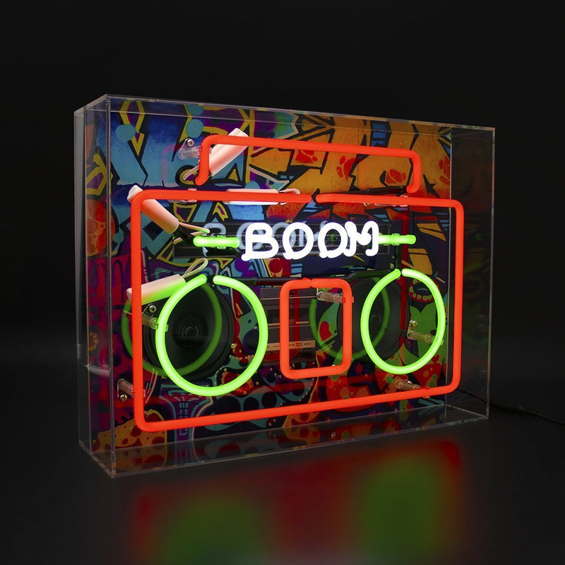 Neon 'Boom Box' Sign Housed In Acrylic Box - Neon LightVintage FrogLighting