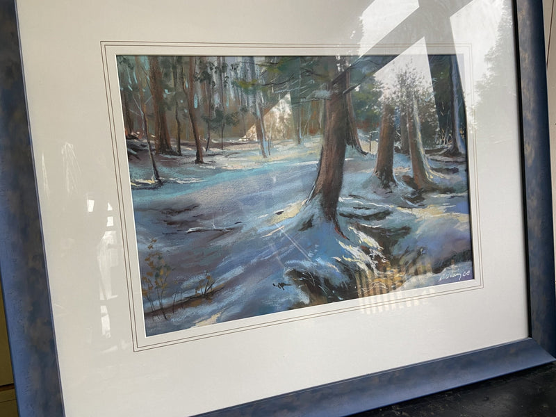 Painting-Large Framed Pastel Snowy Woodland SceneVintage Frog