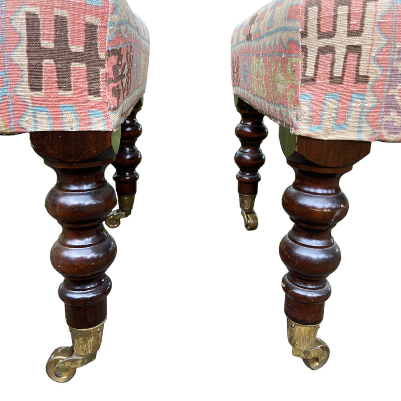 Pair of George Smith Kilim Pattern Signature Stool Ottomans on Brass Caster WheelsVintage Frog