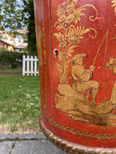 Pair of Red Lacquered Chinese Drum Side Table Cabinets With Hand Painted Chinoiserie DetailingVintage FrogFurniture