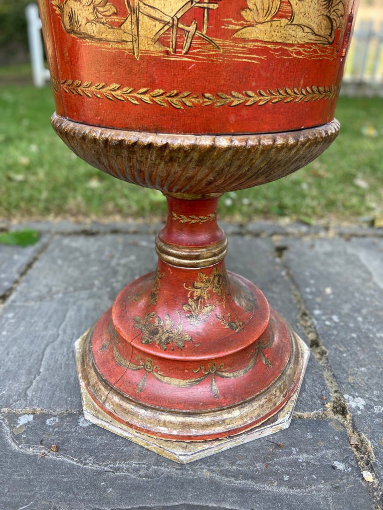 Pair of Red Lacquered Chinese Drum Side Table Cabinets With Hand Painted Chinoiserie DetailingVintage FrogFurniture