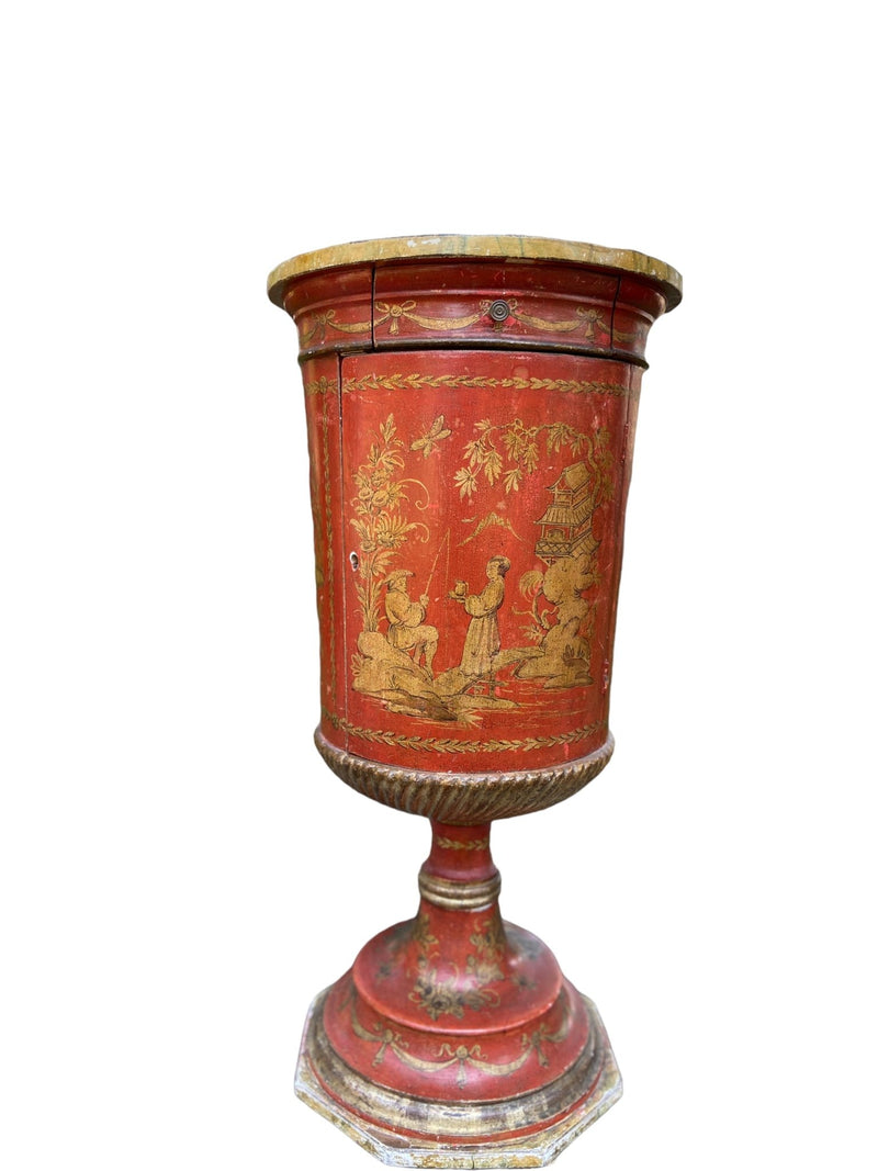 Pair of Red Lacquered Chinese Drum Side Table Cabinets With Hand Painted Chinoiserie DetailingVintage FrogFurniture