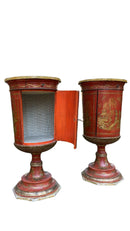 Pair of Red Lacquered Chinese Drum Side Table Cabinets With Hand Painted Chinoiserie DetailingVintage FrogFurniture