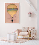 Pink Tricolore Hot Air Balloon Illustration Print On Canvas, Wall Hanging Decor PictureVintage FrogPictures & Prints