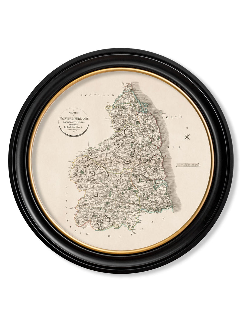 Round Framed County Maps of England Print Picture - Referenced from Antique 1806 Cartography ArtworkVintage Frog T/APictures & Prints