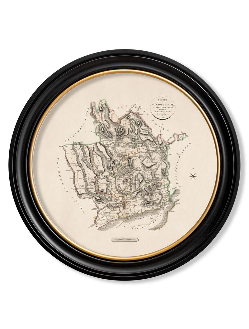 Round Framed County Maps of England Print Picture - Referenced from Antique 1806 Cartography ArtworkVintage Frog T/APictures & Prints