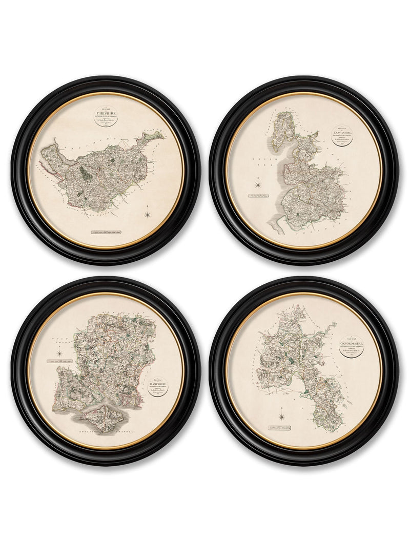 Round Framed County Maps of England Print Picture - Referenced from Antique 1806 Cartography ArtworkVintage Frog T/APictures & Prints