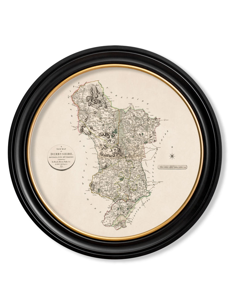 Round Framed County Maps of England Print Picture - Referenced from Antique 1806 Cartography ArtworkVintage Frog T/APictures & Prints