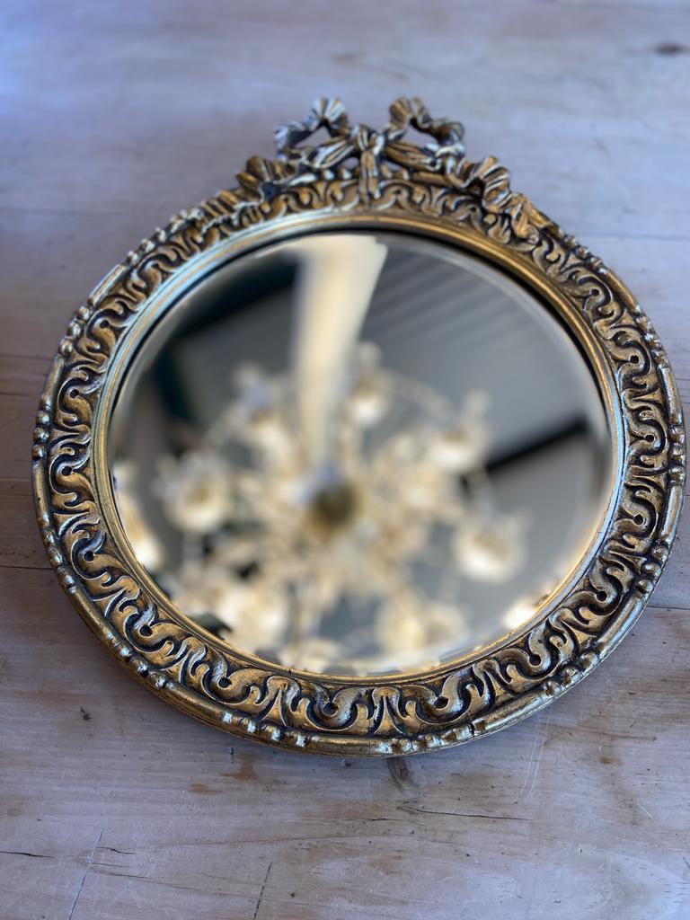 Small Round Gilt Framed Bevelled Wall Mirror With Ornate Bow DetailVintage FrogFurniture