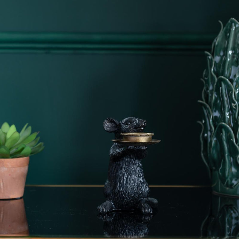 Tea Light Candle Holder Black and Gold Mouse (Left Side)Vintage FrogBrand New
