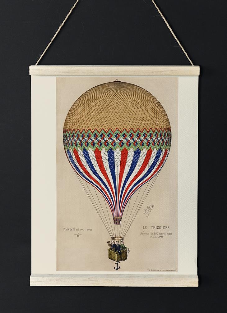 Tricolore Hot Air Balloon Illustration Print On Canvas, Wall Hanging Decor PictureVintage FrogPictures & Prints