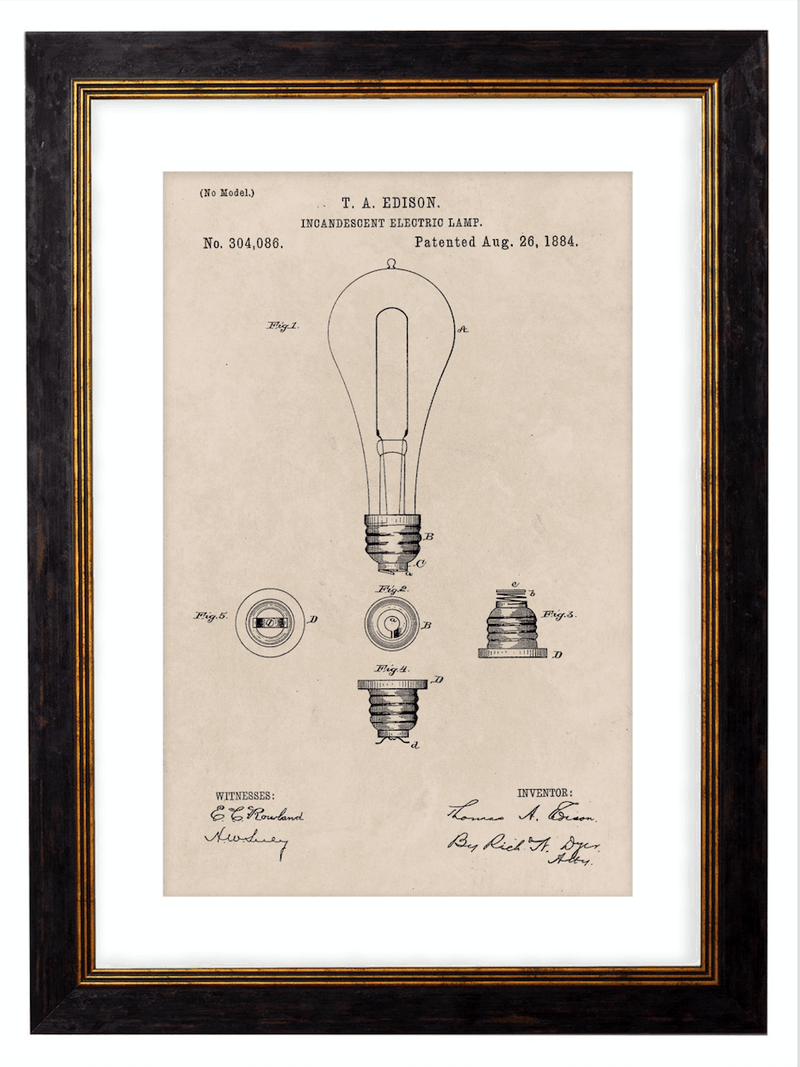 Victorian Edison Lightbulb Patent Design, Print of Vintage Illustrated Lightbulb Blueprint - 1900s Artwork Print. Framed Wall Art PictureVintage Frog T/APictures & Prints