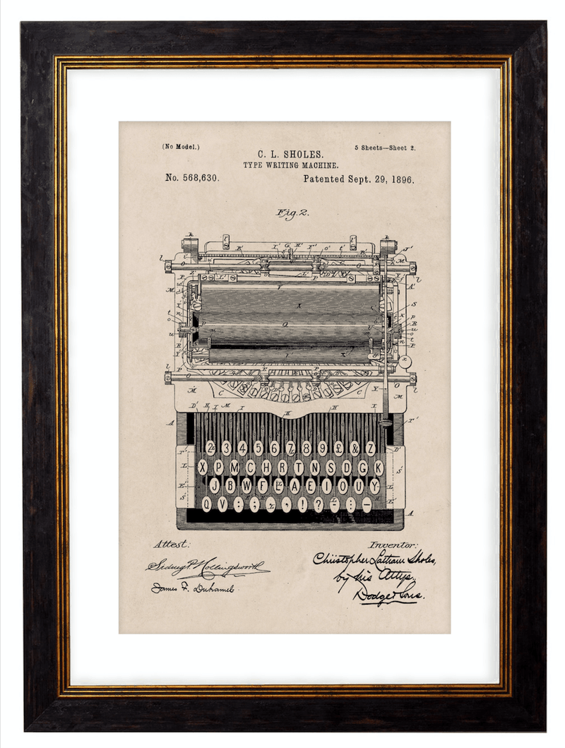 Victorian Typewriter Patent Design, Print of Vintage Typewriter Blueprint - 1900s Artwork Print. Framed Wall Art PictureVintage Frog T/APictures & Prints