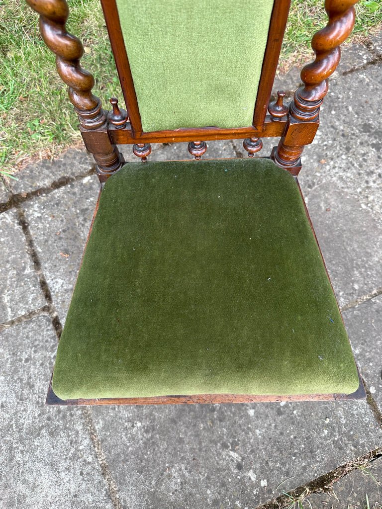 Victorian Walnut Jacobean Style Occasional Chair With Barley Twist Supports and Green UpholsteryVintage Frog