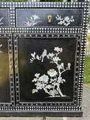 Vintage Black Lacquered Oriental Narrow Hall Cupboard Cabinet With Inlaid Chinoiserie DetailsVintage FrogFurniture