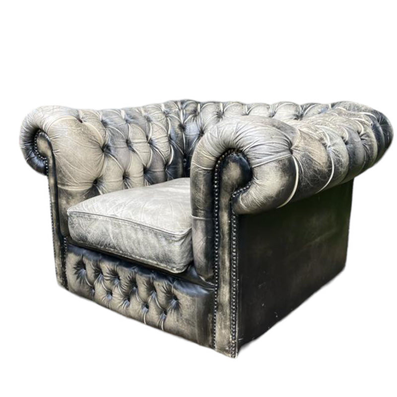 Vintage Distressed Grey Leather Tub Chesterfield ArmchairVintage Frog