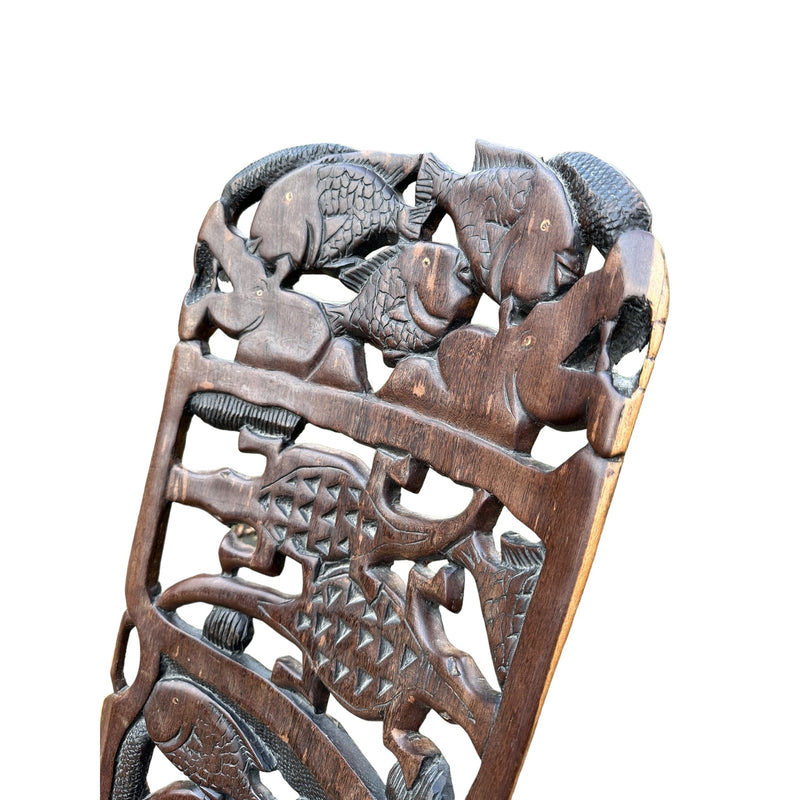 Vintage Hardwood Hand Carved & Pierced African Birthing Palaver ChairVintage Frog